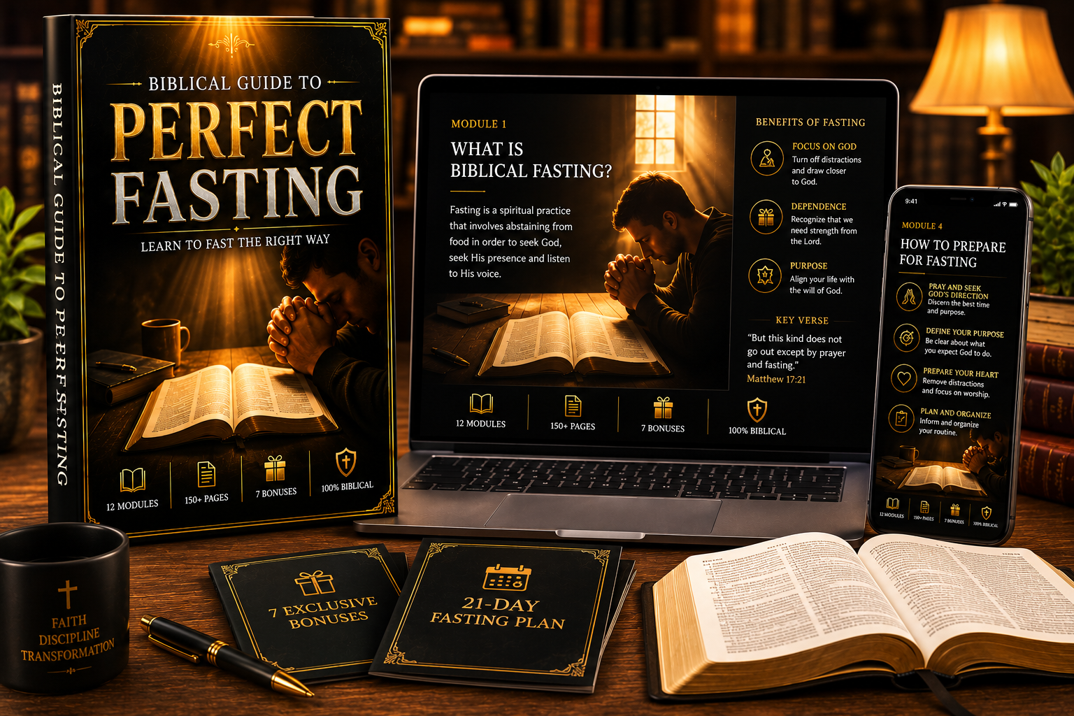 Mockup of The Perfect Biblical Fasting Guide on book, laptop, and phone