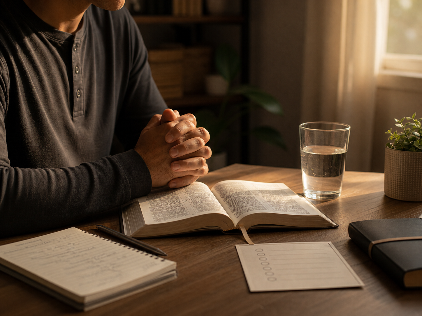 Devotional image with Bible, prayer, and preparation for biblical fasting