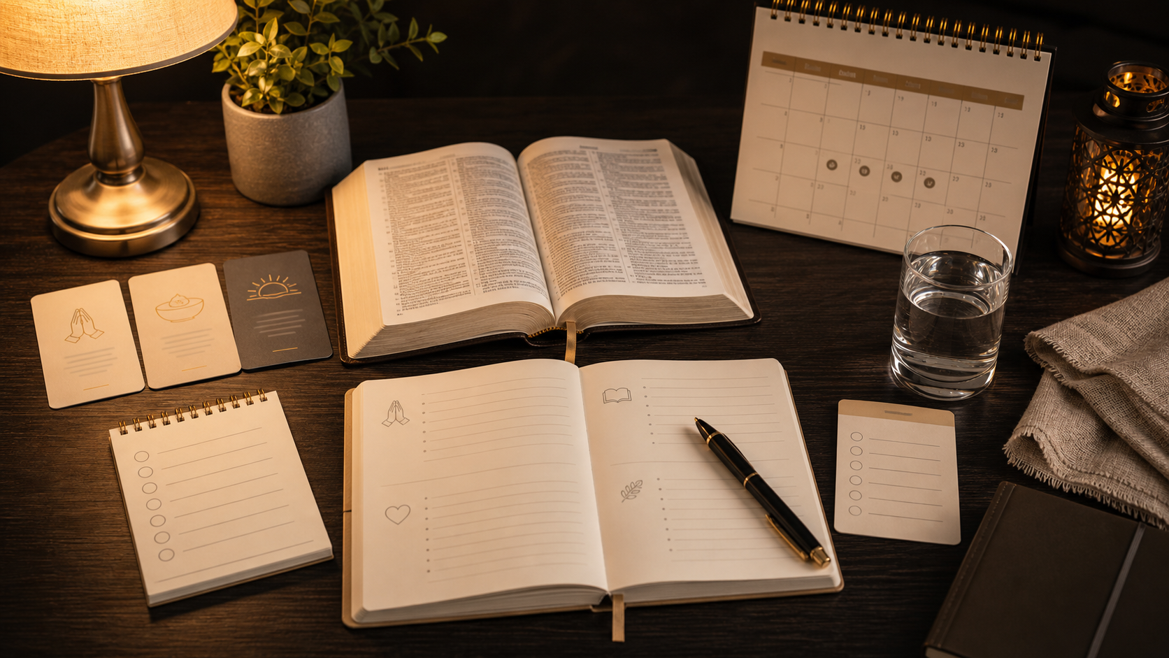 Visual showcase with Bible, journal, water, and fasting and prayer resources